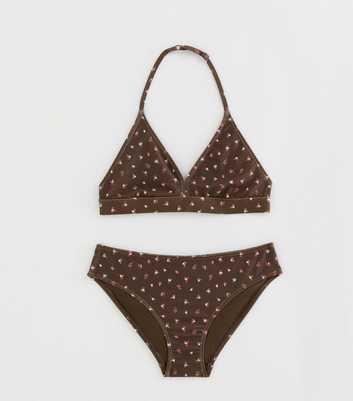 Girls Brown Ditsy Floral Print Triangle Bikini Set