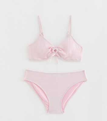 Girls Light Pink Seersucker Stripe Triangle Bikini Top and Bottoms Set