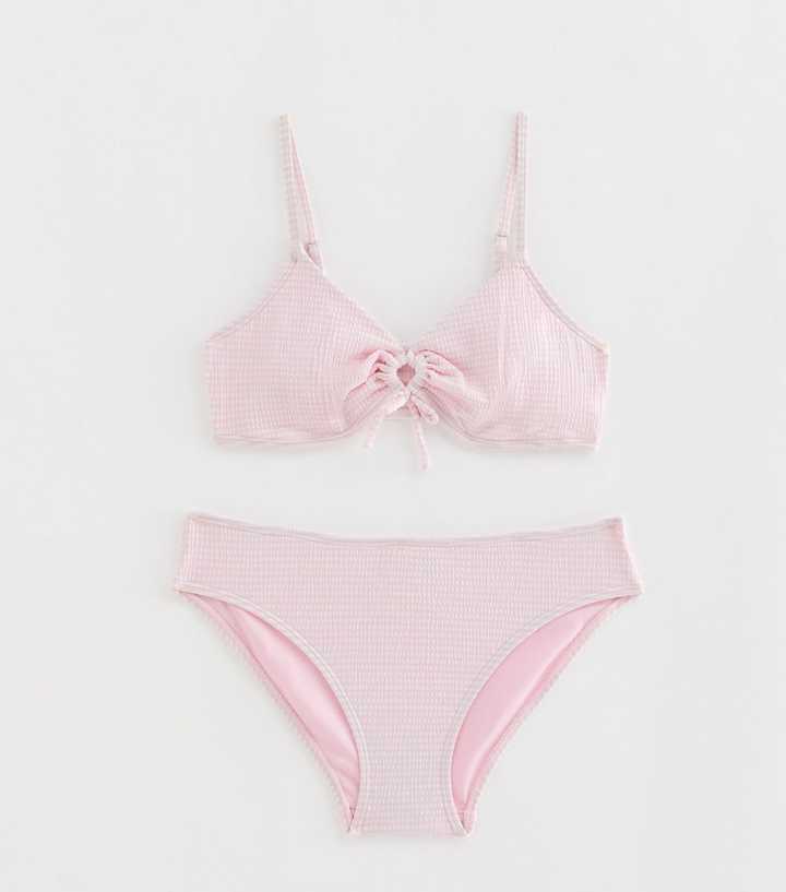 Girls Light Pink Seersucker Stripe Triangle Bikini Top and Bottoms Set