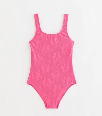Girls Pink Hibiscus Jacquard Swimsuit