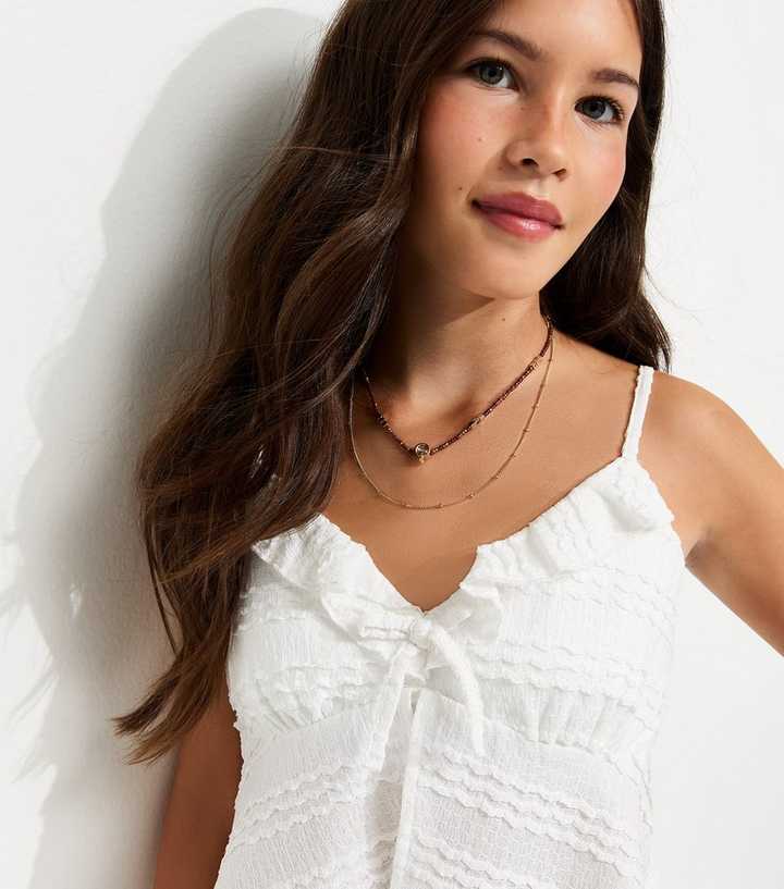 Girls White Textured Jersey Butterfly Cut Cami Top