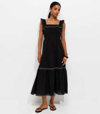 Black Cotton Embroidered Ruffle Trim Midi Dress