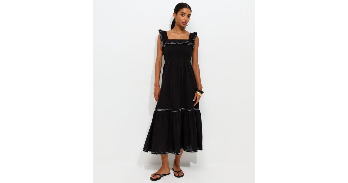 Black Cotton Embroidered Ruffle Trim Midi Dress