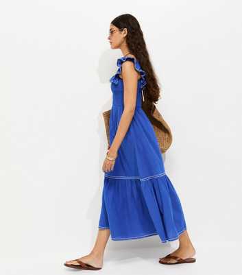 Blue Cotton Embroidered Ruffle Trim Midi Dress