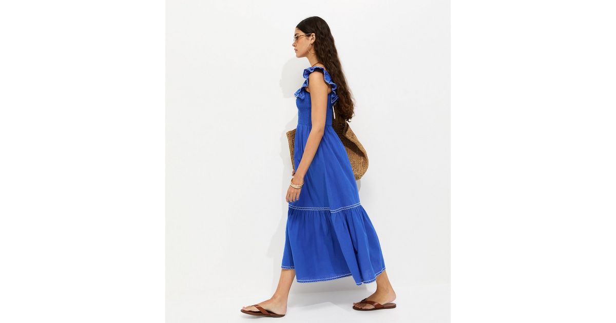 Blue Cotton Embroidered Ruffle Trim Midi Dress