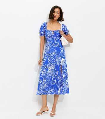 Blue Sketchy Coral Print Slit Hem Midi Dress