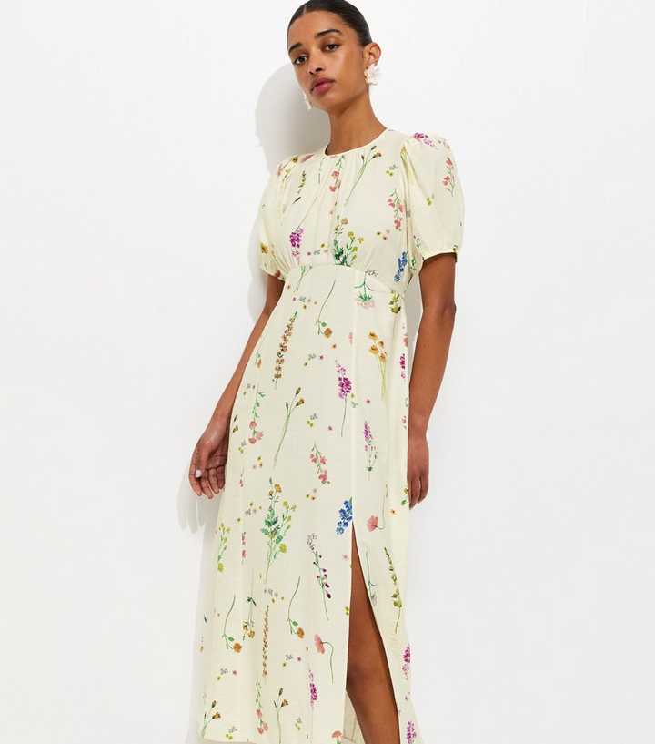 Cream Botanical Floral Print Midi Dress