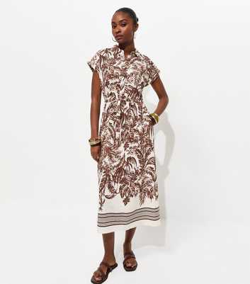 Brown Palm Print Short Sleeve Midi Shirt Dress