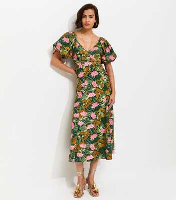 Green Lotus Print Puff Sleeve Midi Dress