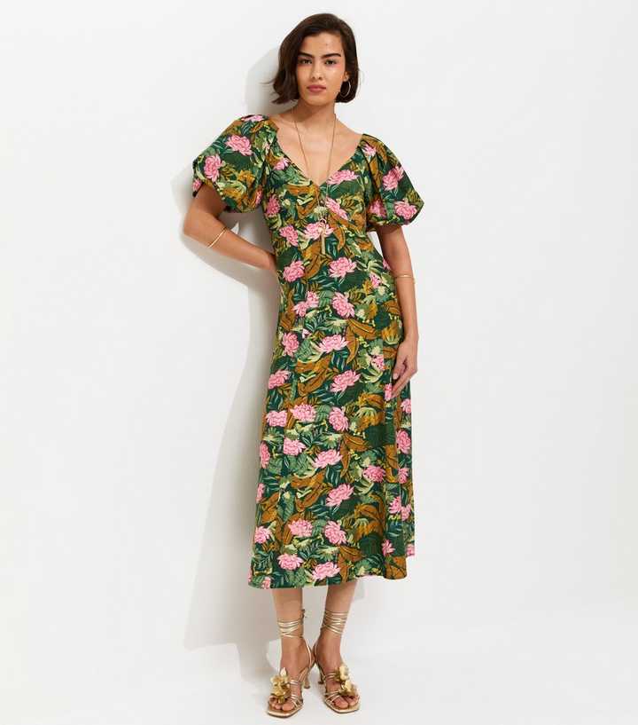 Green Lotus Print Puff Sleeve Midi Dress