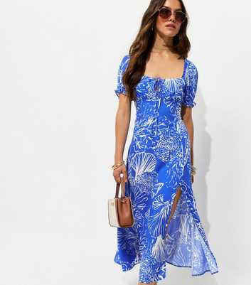Petite Blue Coral Print Sweetheart Neck Midi Dress