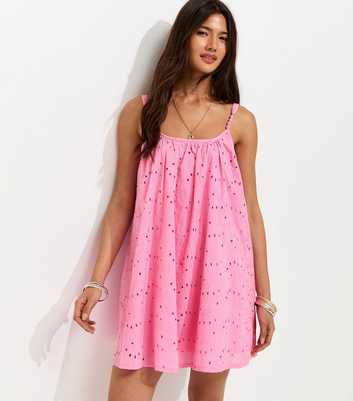 Pink Cotton Broderie Anglaise Beaded Smock Mini Dress
