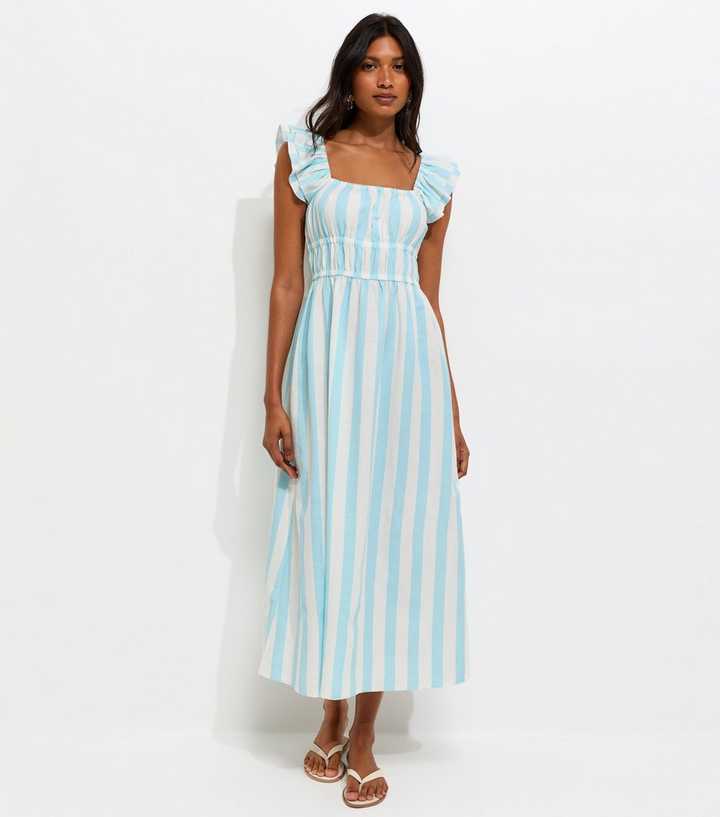 Blue Striped Shirred Waist Frill Sleeve Midi Dress
