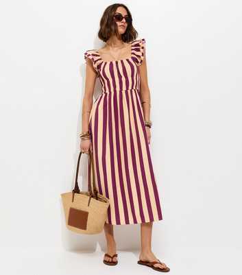 Pink Striped Shirred Frill Trim Midi Dress