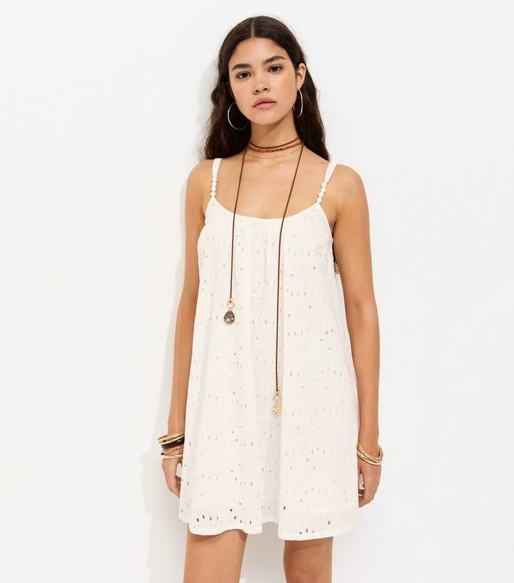 White Broderie Embroidered Beaded Strap Smock Mini Dress