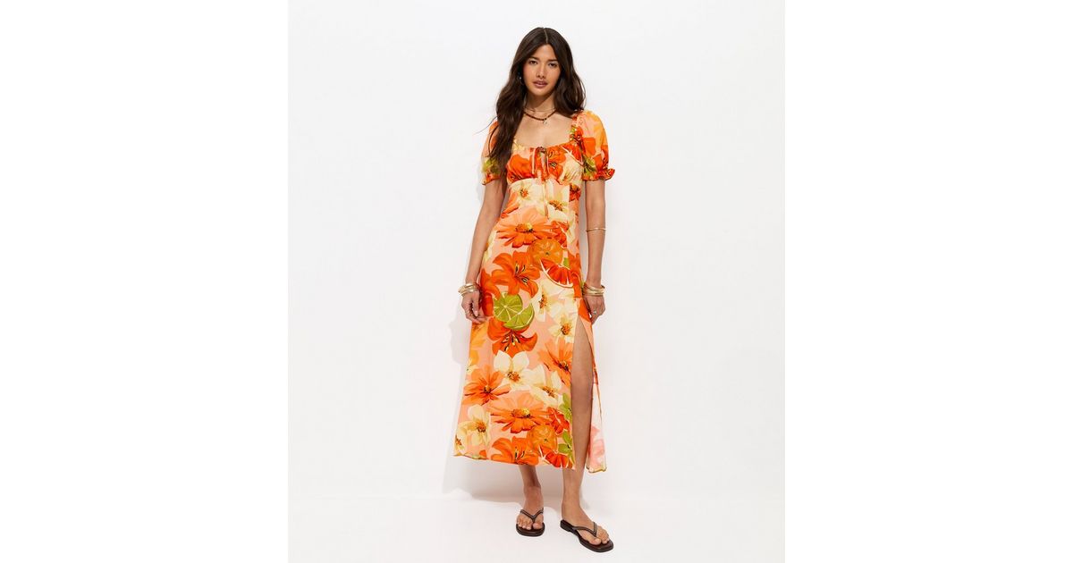 new look orange floral dress Cambri Orange Floral Chiffon Maxi Dress