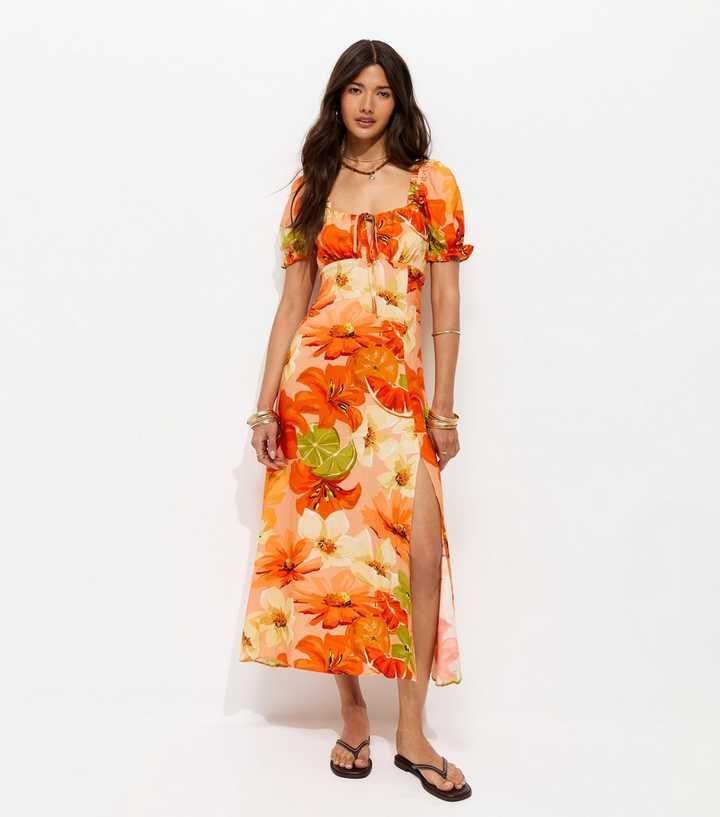 Orange Floral Puff Sleeve Midi Dress