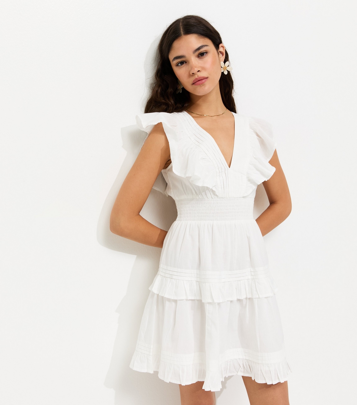Women's White Cotton Ruffle V-Neck Tiered Mini Dress New Look