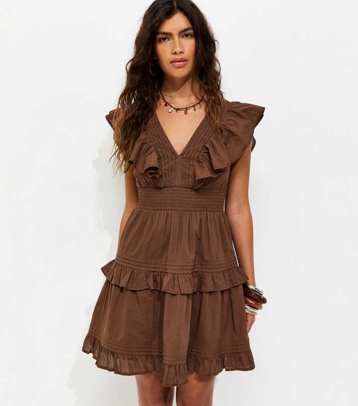 Brown Cotton Ruffle V-Neck Tiered Mini Dress