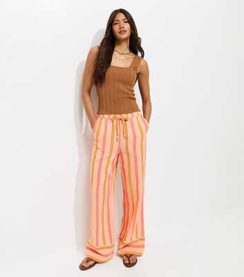 Pink Cotton Striped Wide Leg Trousers