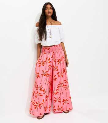 Pink Crepe Palm Tree Print Palazzo Trousers