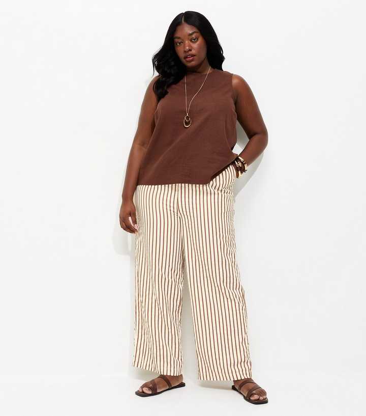 Curves Brown Striped Seersucker Wide Leg Trousers
