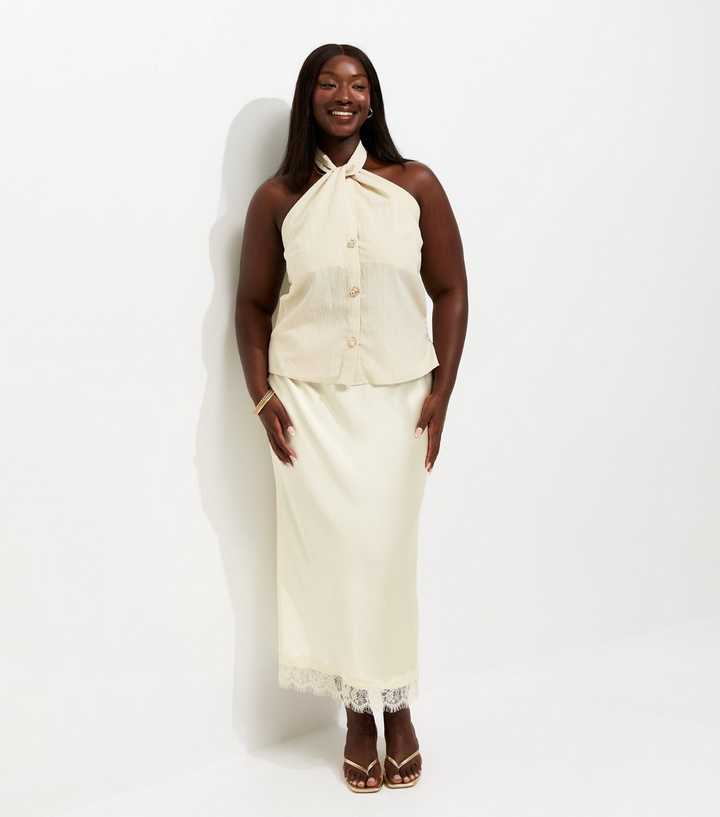 Curves Cream Satin Lace Trim Midi Skirt