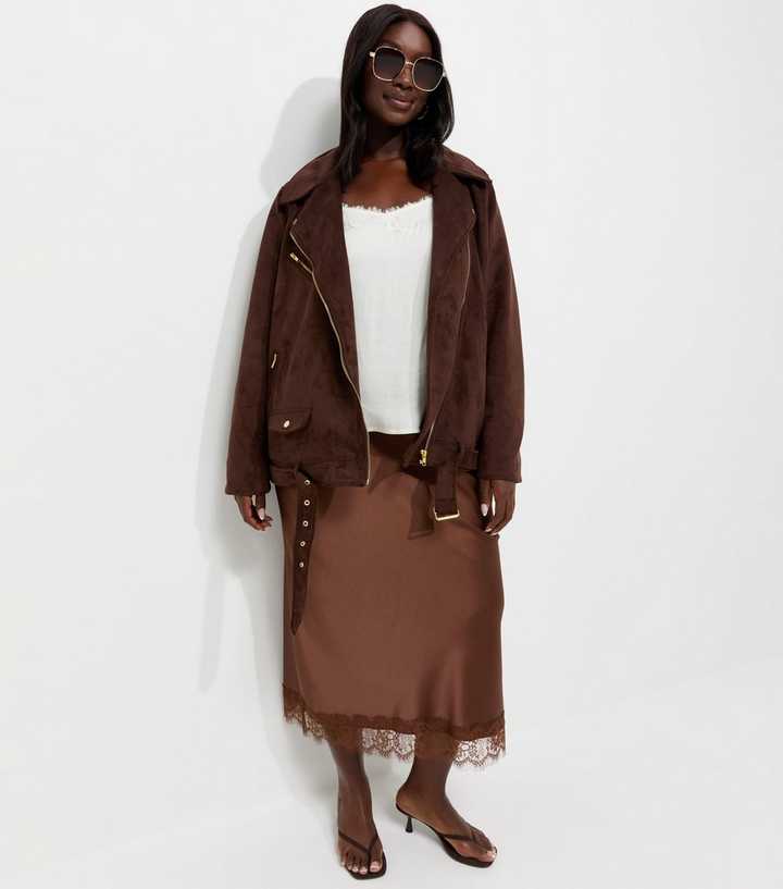 Curves Dark Brown Satin Lace Trim Midi Skirt