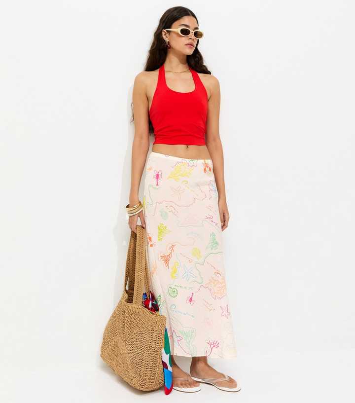 Multicoloured Ocean Print Bias Cut Midi Skirt
