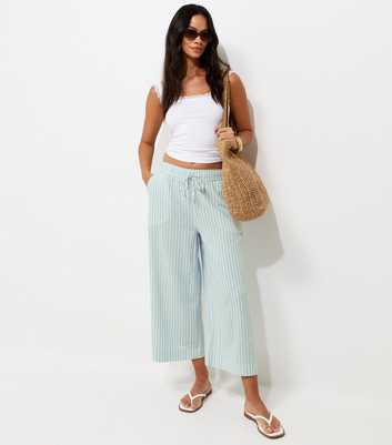 Blue Striped Linen Rich Cropped Wide Leg Trousers