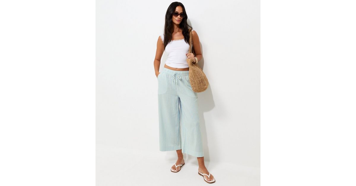 Blue Striped Linen Rich Cropped Wide Leg Trousers