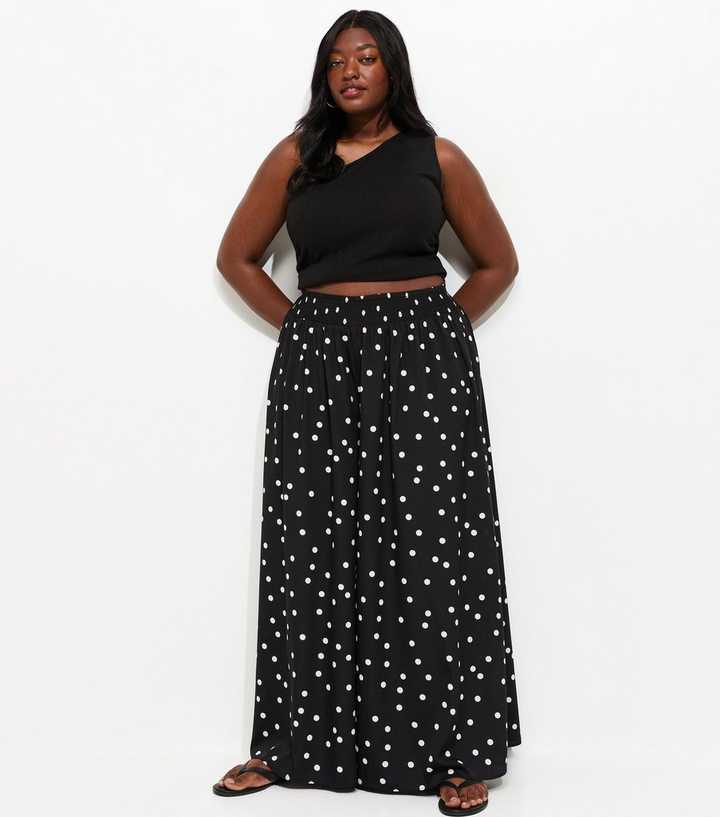 Curves Black Spot Print Crepe Palazzo Trousers