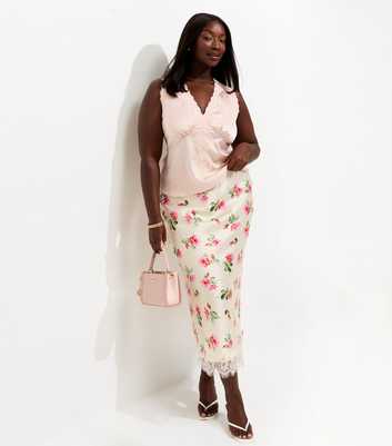 Curves White Rose Print Lace Trim Midi Skirt