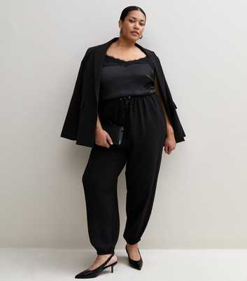 Curves Black Wide Drawstring Waist Cuffed Trousers
