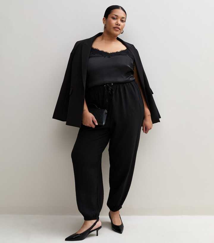 Curves Black Wide Drawstring Waist Cuffed Trousers