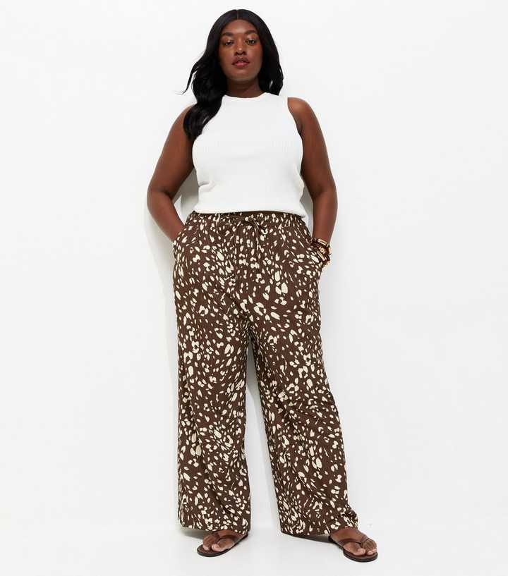 Curves Brown Animal Print Crinkled Wide Leg Trousers