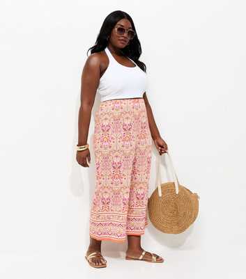 Curves Pink Folk Print Cropped Trousers