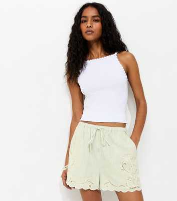 Green Striped Shorts With Linen