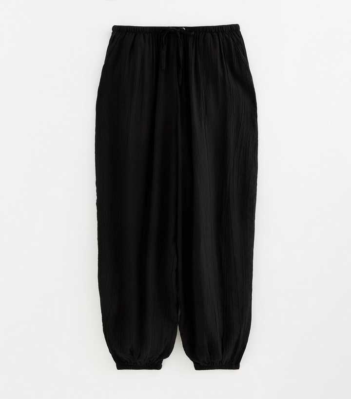 Black Wide Drawstring Waist Cuffed Trousers