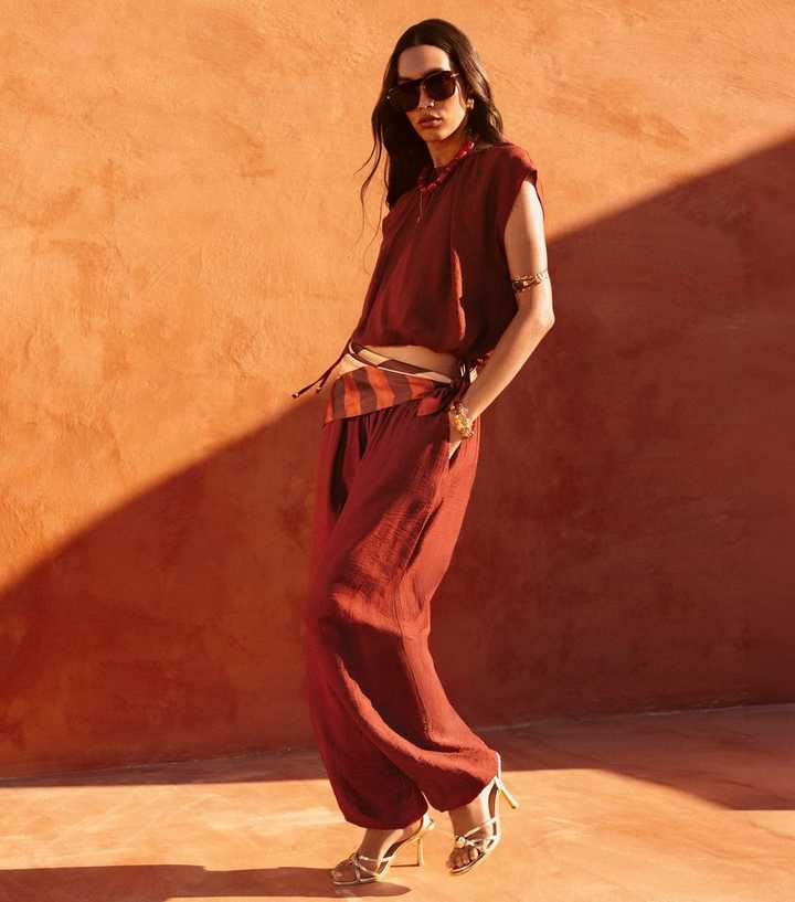 Dark Red Wide Cuffed Textured Trousers