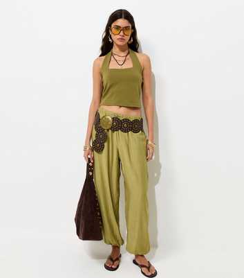 Light Khaki Wide Drawstring Waist Cuffed Trousers