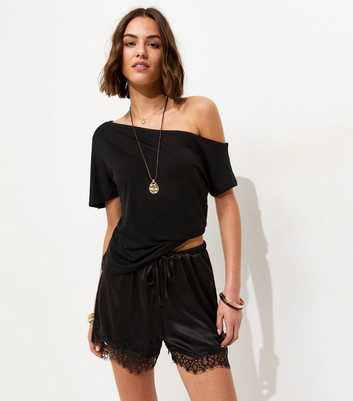 Black Satin Lace Trim Shorts