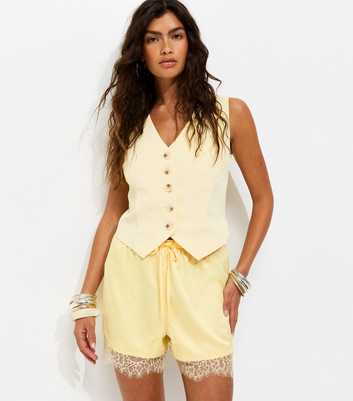 Light Yellow Satin Lace Trim Shorts