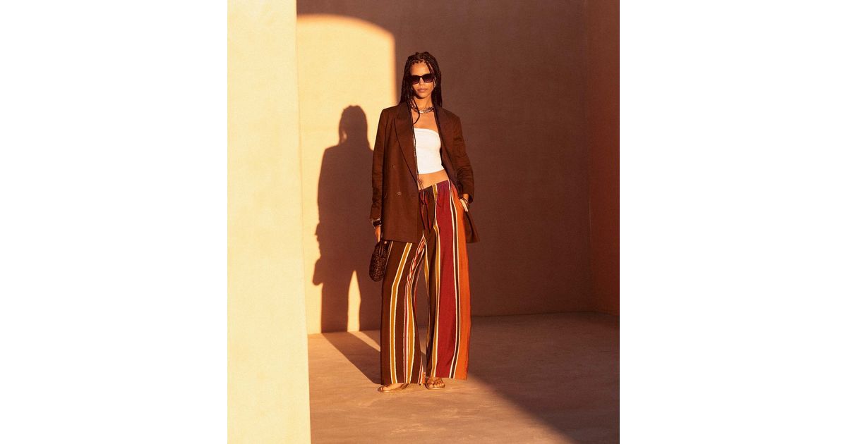 Brown Striped Drawstring Wide Leg Trousers