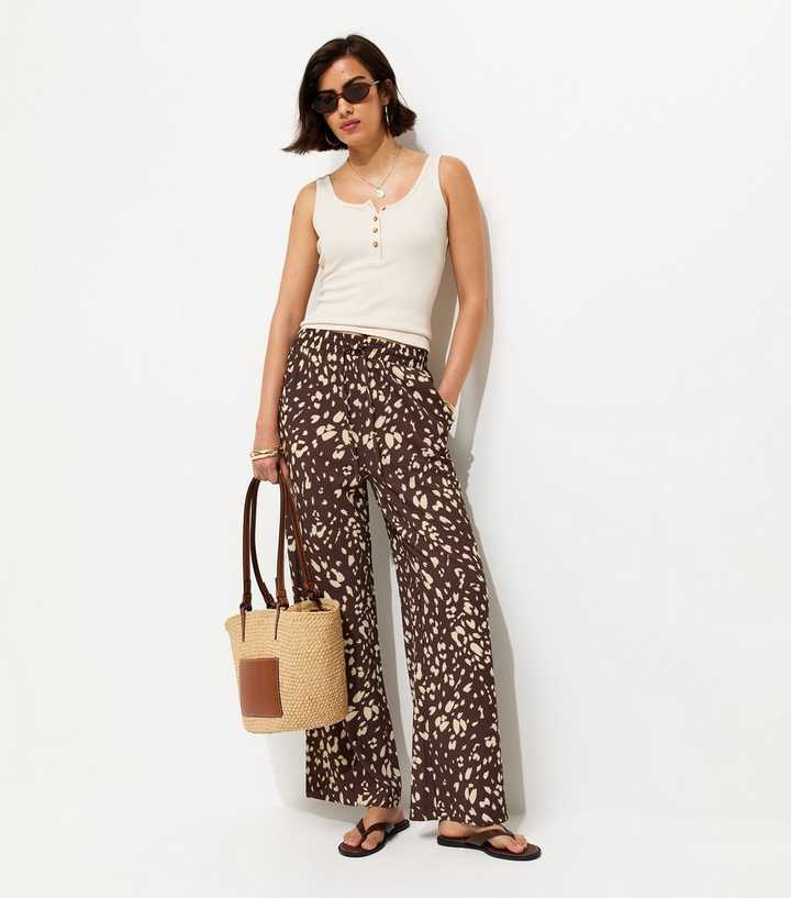 Brown Animal Print Crinkled Wide Leg Trousers