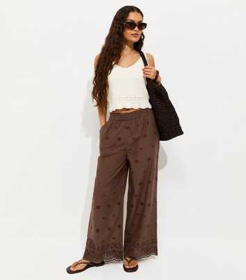 Petite Dark Brown Broderie Embroidered Wide Leg Trousers