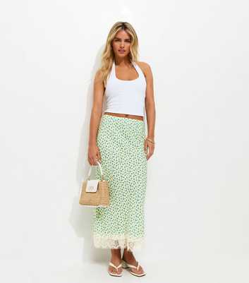 Petite Yellow Ditsy Print Lace Trim Bias Cut Skirt