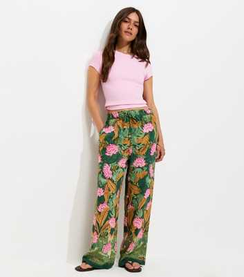 Petite Green Palm Goya Wide Leg Trousers