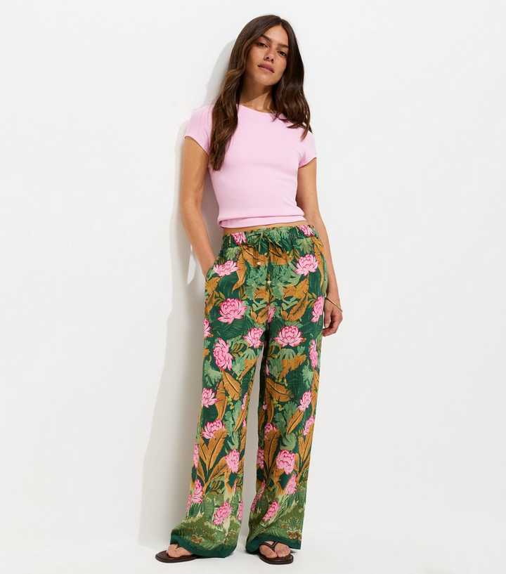 Petite Green Palm Goya Wide Leg Trousers