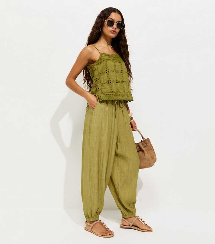 Petite Light Khaki Pleated Wide Leg Cuffed Trousers